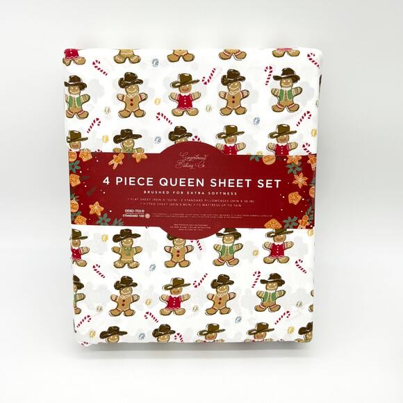 Gingerbread Baking Co Gingerbread Man Cowboy Christmas 4 pc QUEEN Sheet Set NEW - Picture 3 of 3